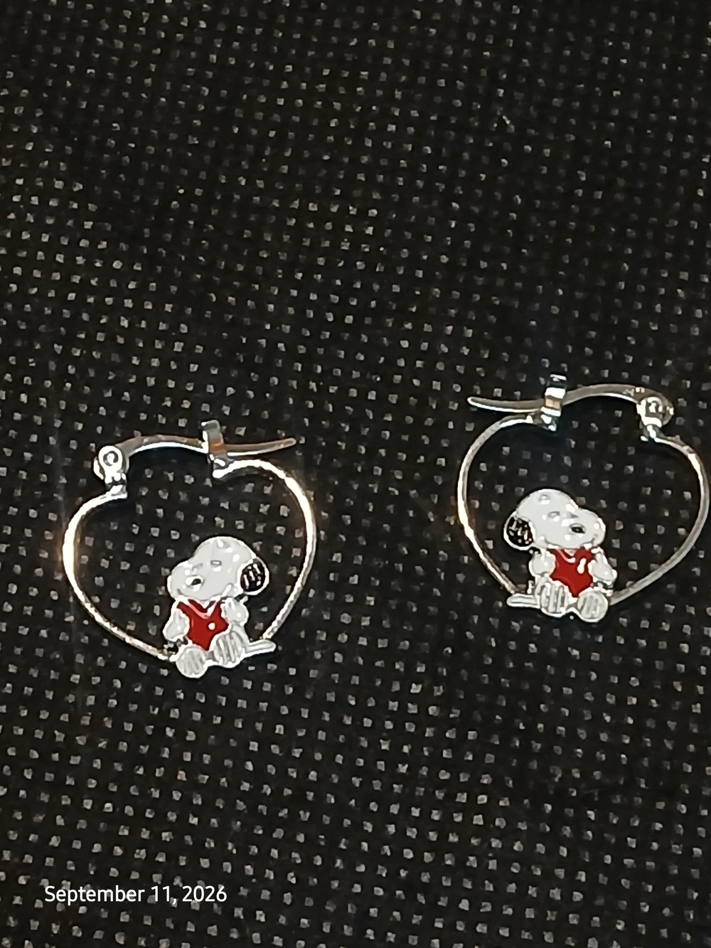 Peanuts - Snoopy Heart Shaped Earrings, Stud Type, Enamel Snoopy & Red Heart,